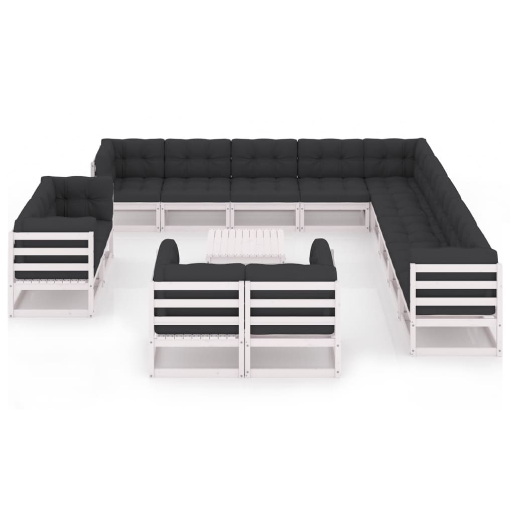14-tlg. Garten-Lounge-Set mit Kissen Weiss Kiefer Massivholz